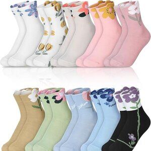10 Pair Women's Flower Socks Size 6-10 Colorful Flower Design